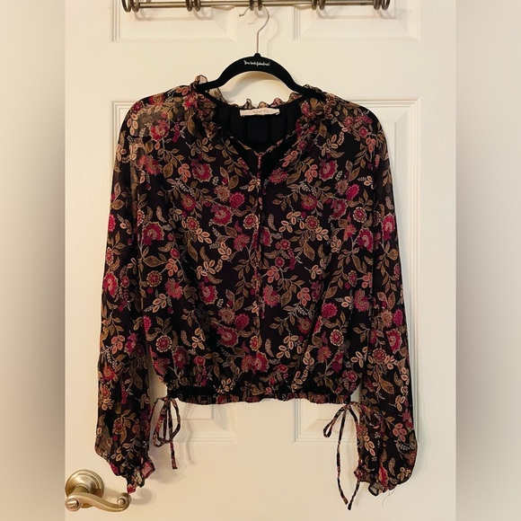 LOFT Tops - LOFT Black Floral Long-Sleeve Blouse with Pink and Tan Accents
